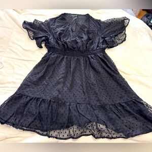 NEW! SHEIN VCAY Plus Black Swiss Dot Butterfly Sleeve Ruffle Hem Dress sz 1X(14)